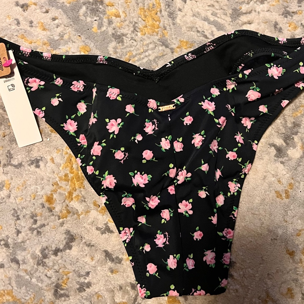 NWT PINK Victoria's Secret Black cheeky Bikini Bottom with Pink Floral Print. - Picture 2 of 4